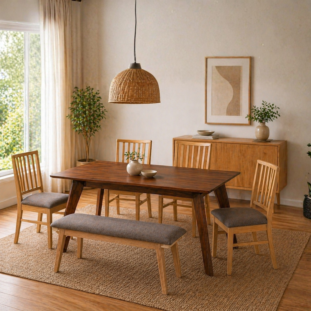 Set Mesa Comedor Victoria + Banca Oviedo Color Gris + Set 4 Sillas Oviedo Color Gris
