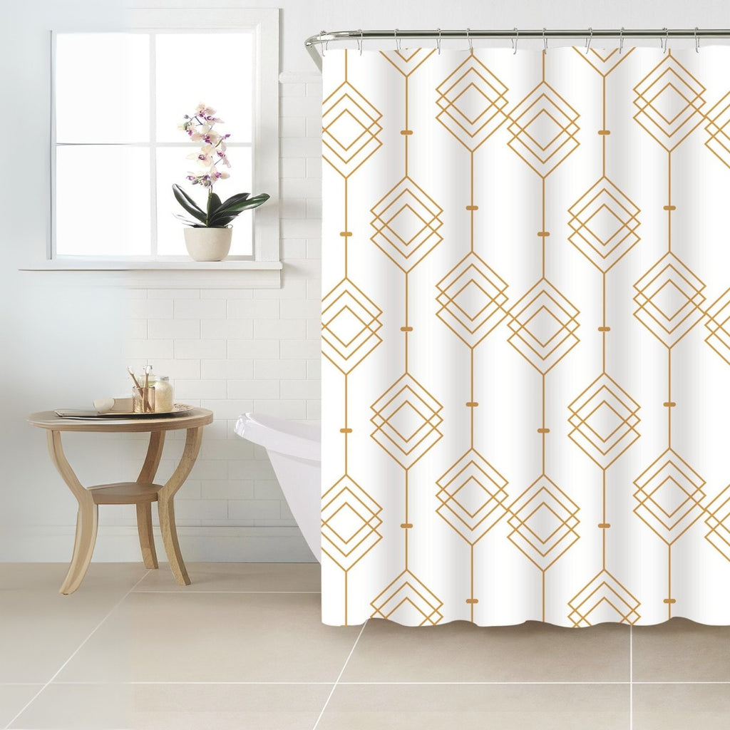 Cortina de poliéster geométrica dorada 180x180 cm con textura ligera y diseño contemporáneo ideal para baño en espacios modernos