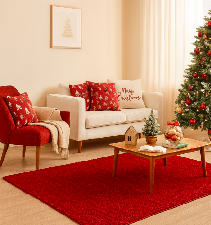 Ambiente navideño para la sala con tapete rojo
