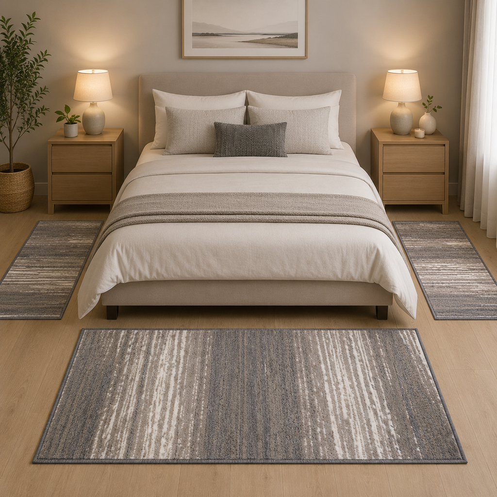Set 3 Piezas Tapete Shiraz Para Costado De Cama Rayas Gris