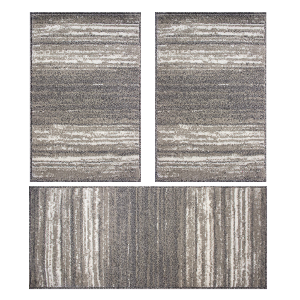 Set 3 Piezas Tapete Shiraz Para Costado De Cama Rayas Gris