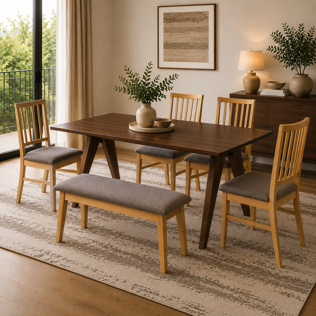 Set Mesa Comedor Victoria + Banca Oviedo Color Gris + Set 4 Sillas Oviedo Color Gris