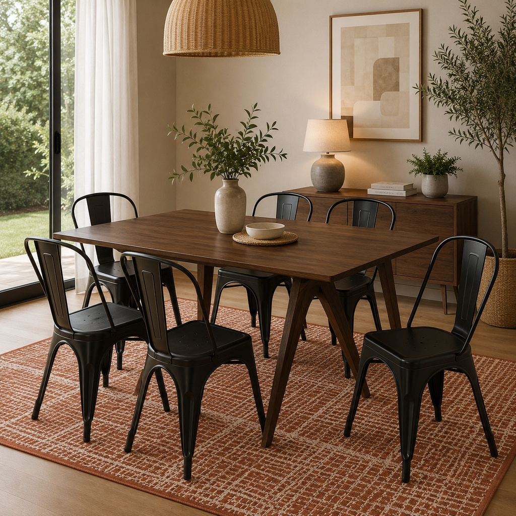 Set Mesa Victoria + 6 Sillas Alpes Negro + Tapete Celine Ocre
