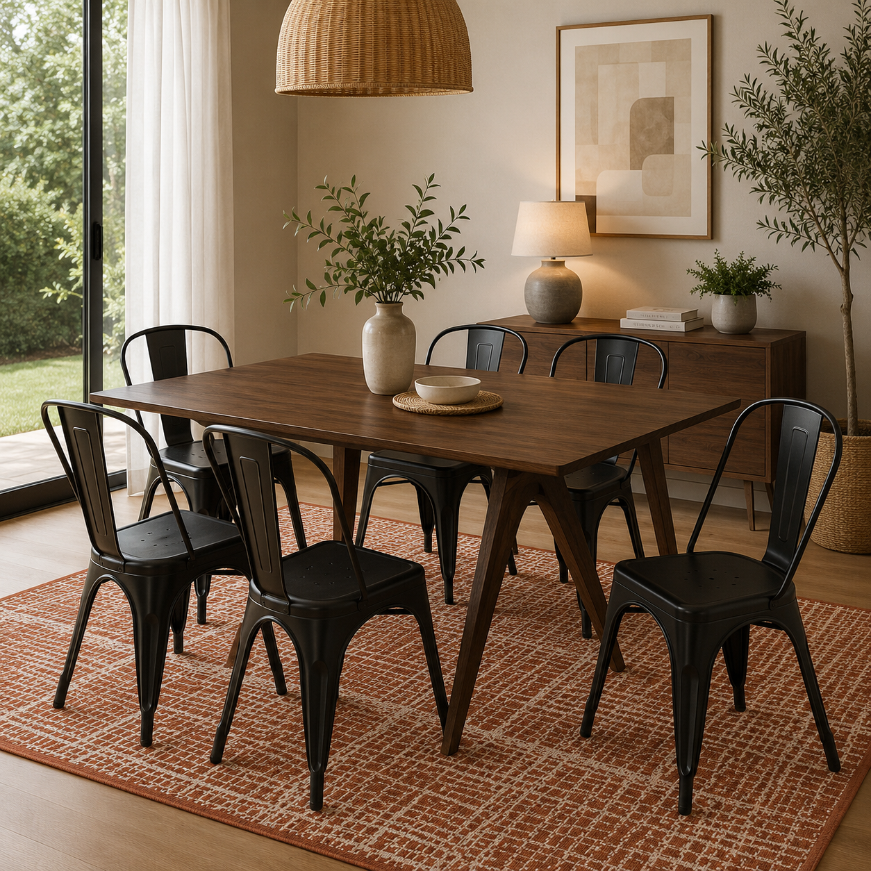 Set Mesa Victoria + 6 Sillas Alpes Negro + Tapete Celine Ocre